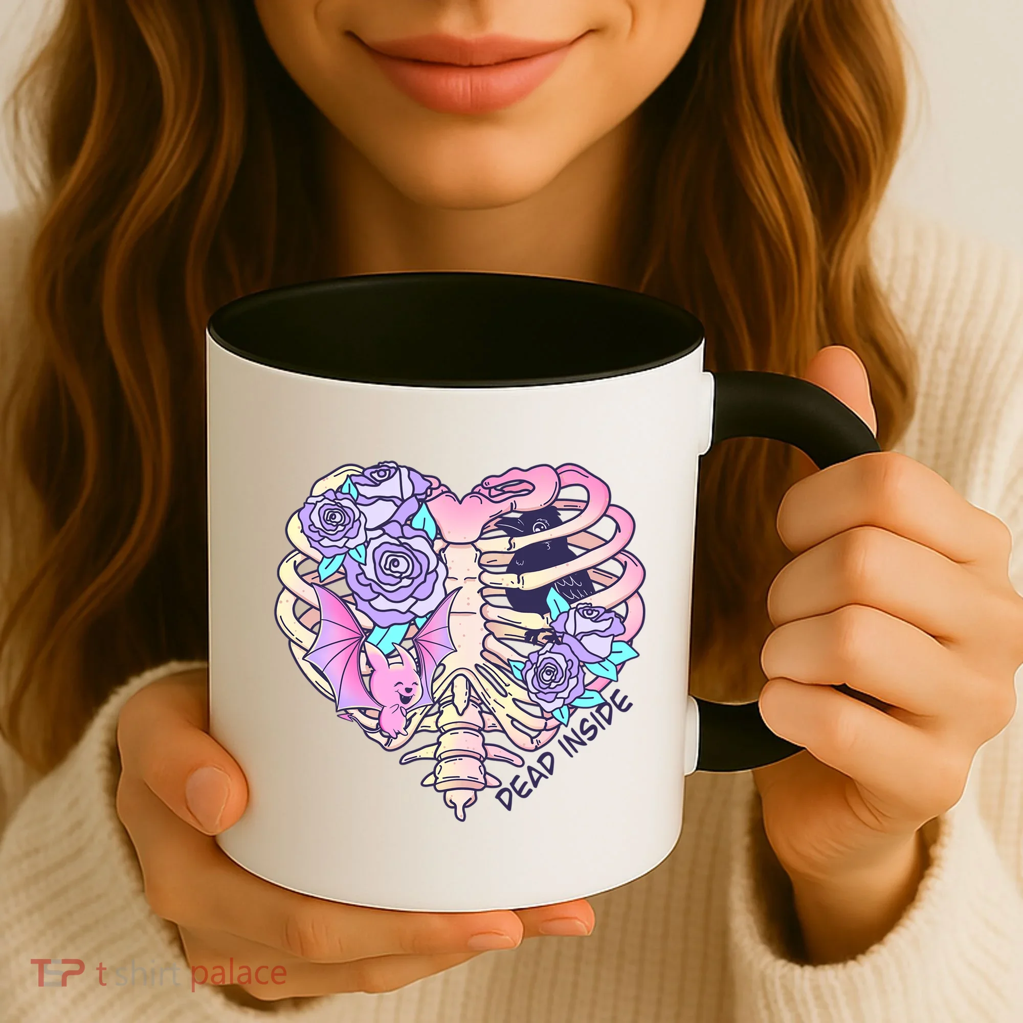 Dead Inside Pink Skeleton Chest Crow Heart Roses Halloween Gift Coffee Mug