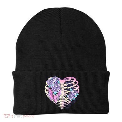 Dead Inside Pink Skeleton Chest Crow Heart Roses Halloween Gift Beanie