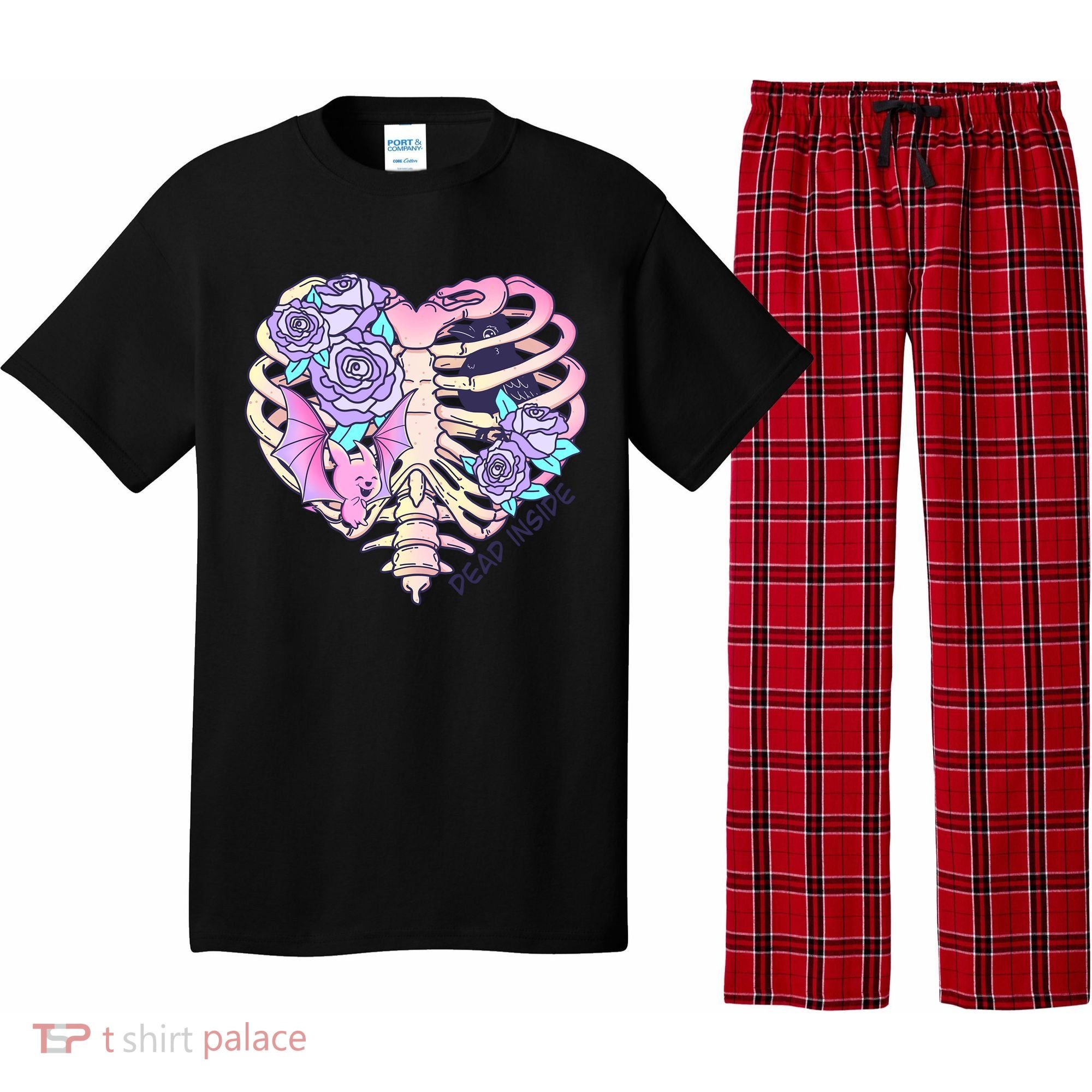 Dead Inside Pink Skeleton Chest Crow Heart Roses Halloween Gift Pajama Set