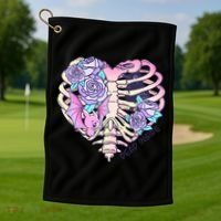 Dead Inside Pink Skeleton Chest Crow Heart Roses Halloween Gift Golf Towel thumb 1