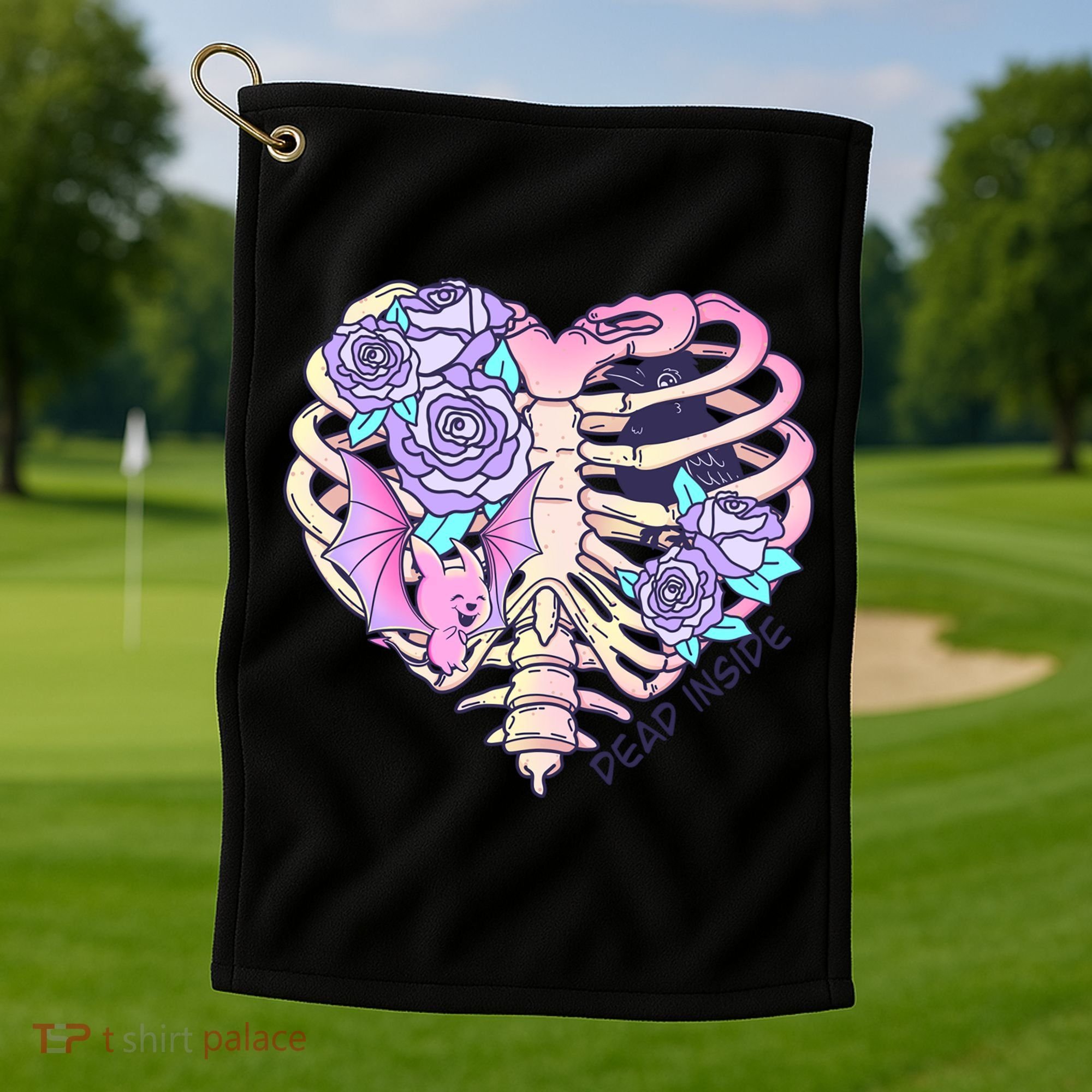 Dead Inside Pink Skeleton Chest Crow Heart Roses Halloween Gift Golf Towel