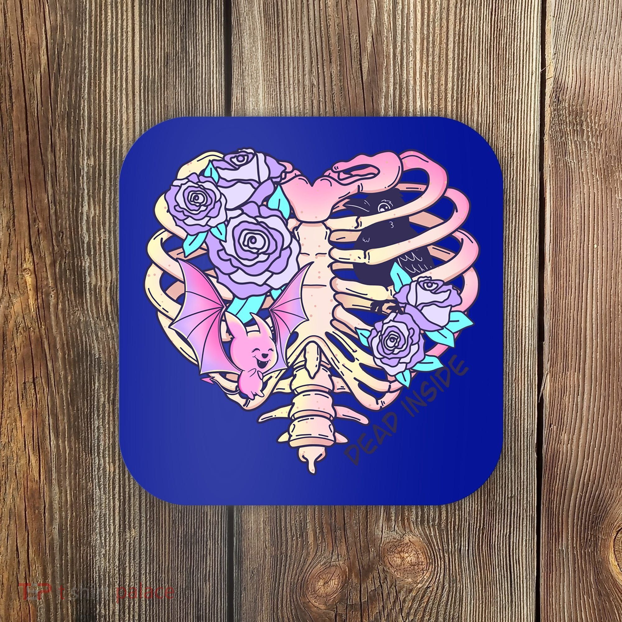 Dead Inside Pink Skeleton Chest Crow Heart Roses Halloween Gift Coaster