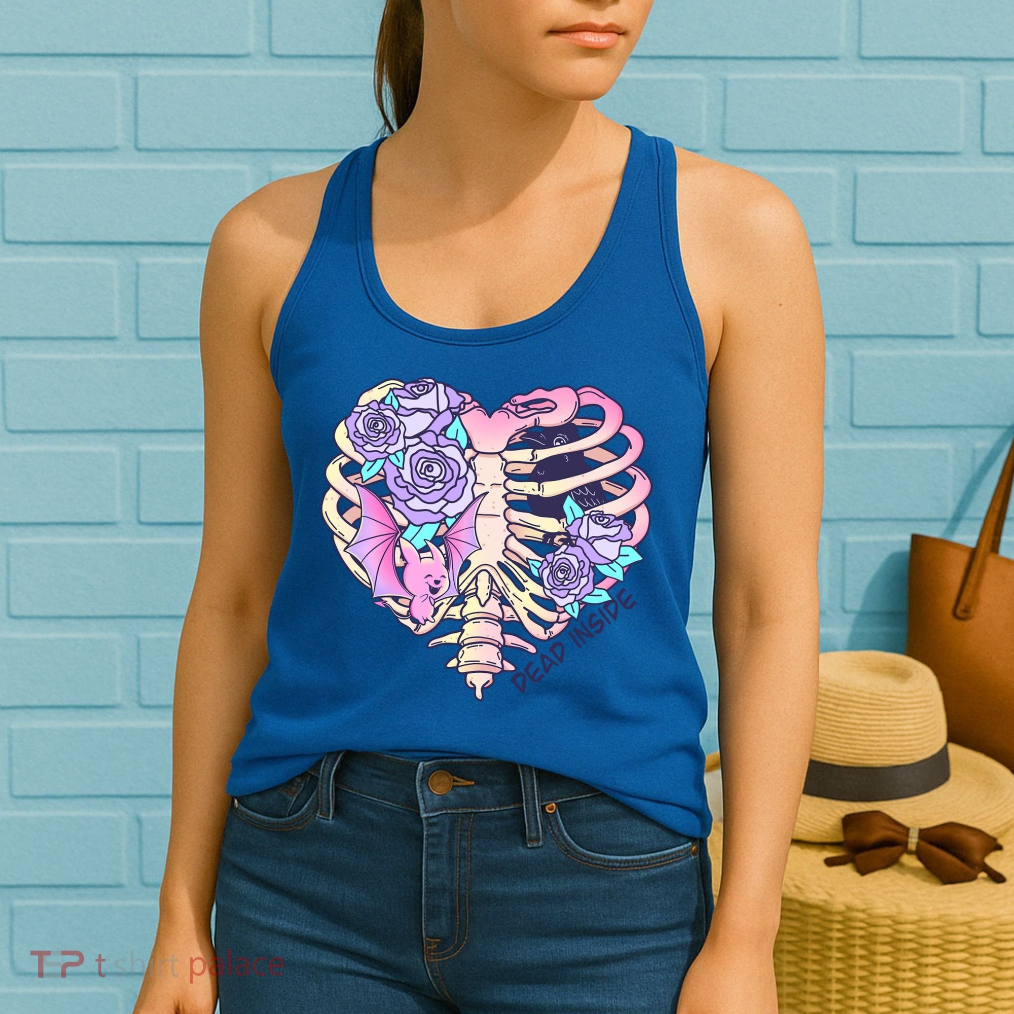 Dead Inside Pink Skeleton Chest Crow Heart Roses Halloween Gift Women's Tank Top
