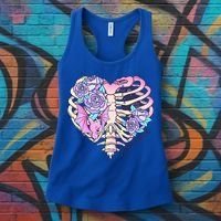 Dead Inside Pink Skeleton Chest Crow Heart Roses Halloween Gift Women's Tank Top thumb 3