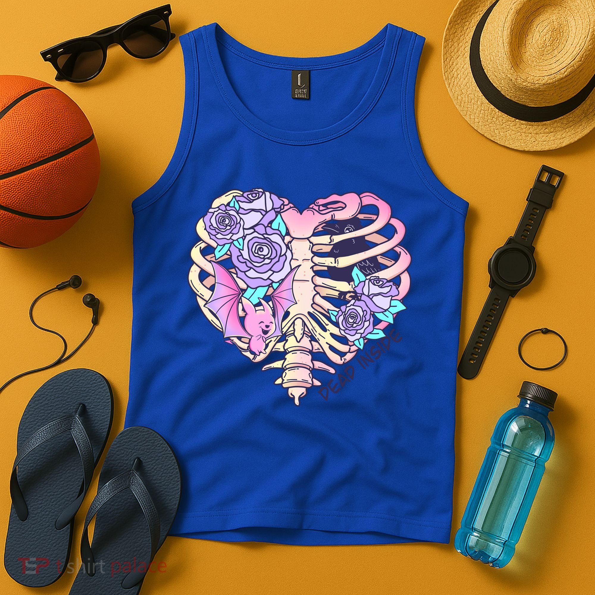 Dead Inside Pink Skeleton Chest Crow Heart Roses Halloween Gift Tank Top