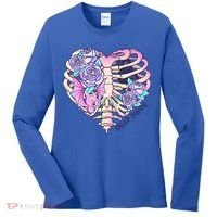 Dead Inside Pink Skeleton Chest Crow Heart Roses Halloween Gift Women's Long Sleeve Shirt thumb 0
