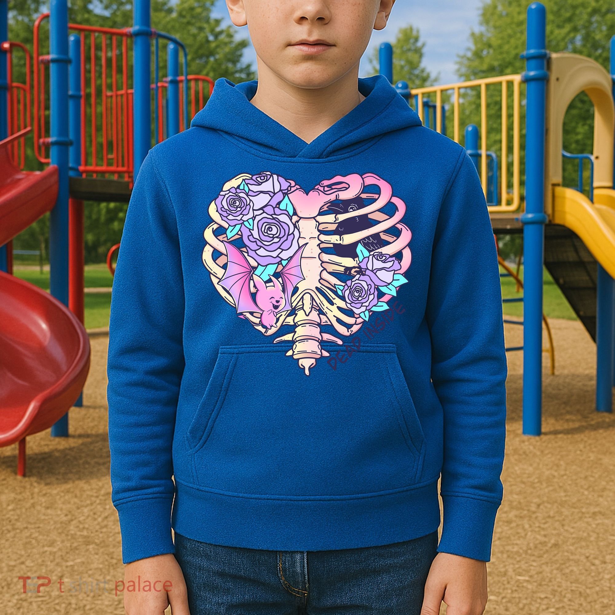 Dead Inside Pink Skeleton Chest Crow Heart Roses Halloween Gift Kids Hoodie