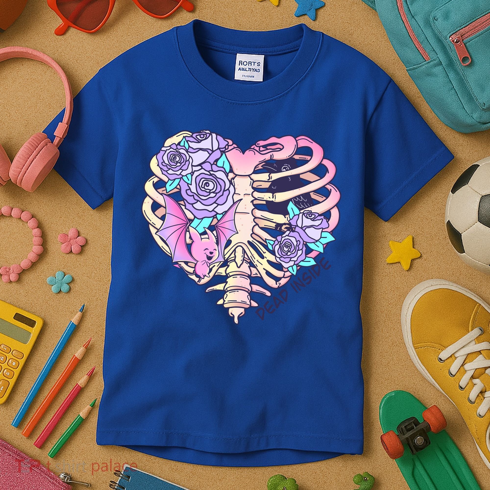 Dead Inside Pink Skeleton Chest Crow Heart Roses Halloween Gift Kids T-Shirt
