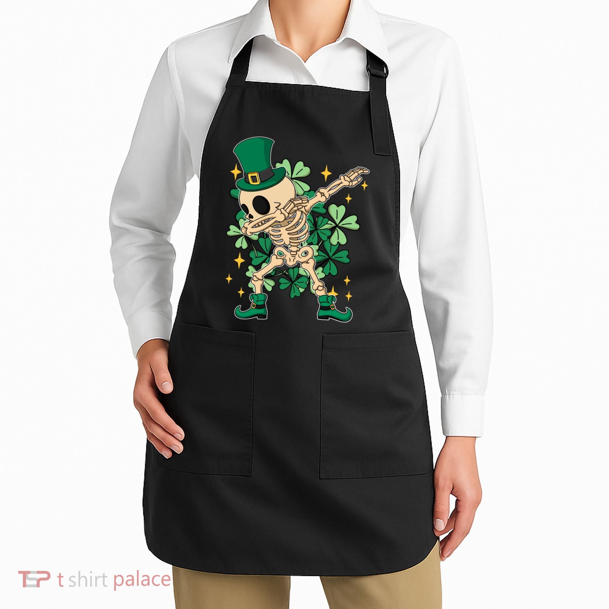 Dabbing Irish Skeleton Clover St Patricks Day Apron