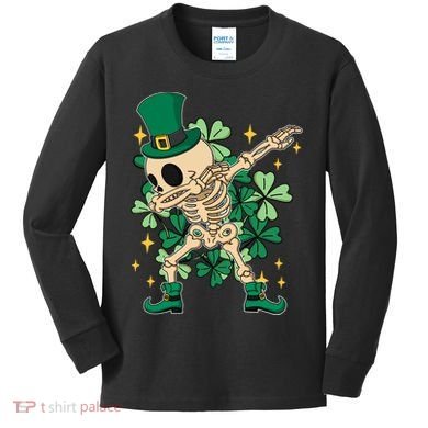 Dabbing Irish Skeleton Clover St Patricks Day Kids Long Sleeve Shirt