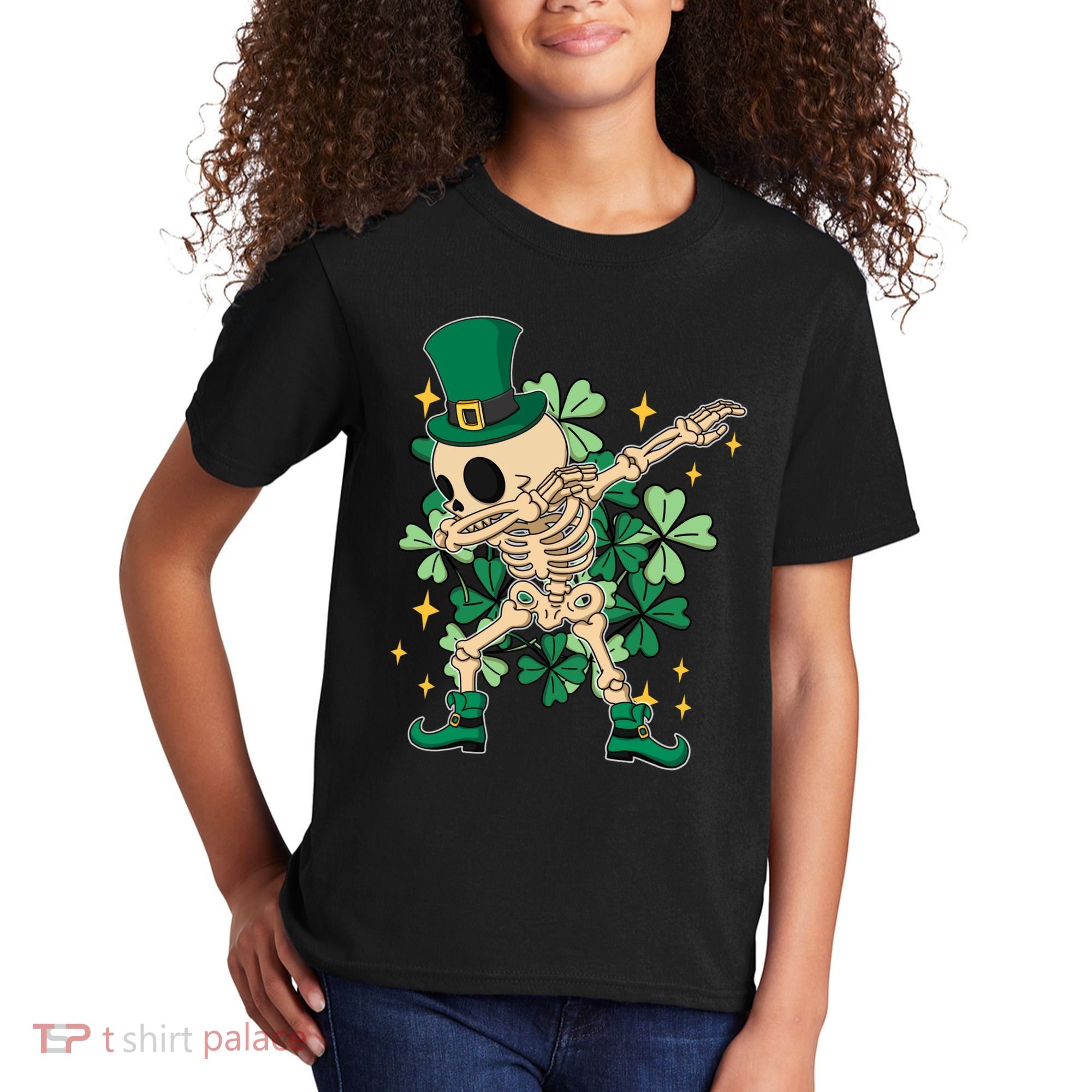 Dabbing Irish Skeleton Clover St Patricks Day Kids T-Shirt