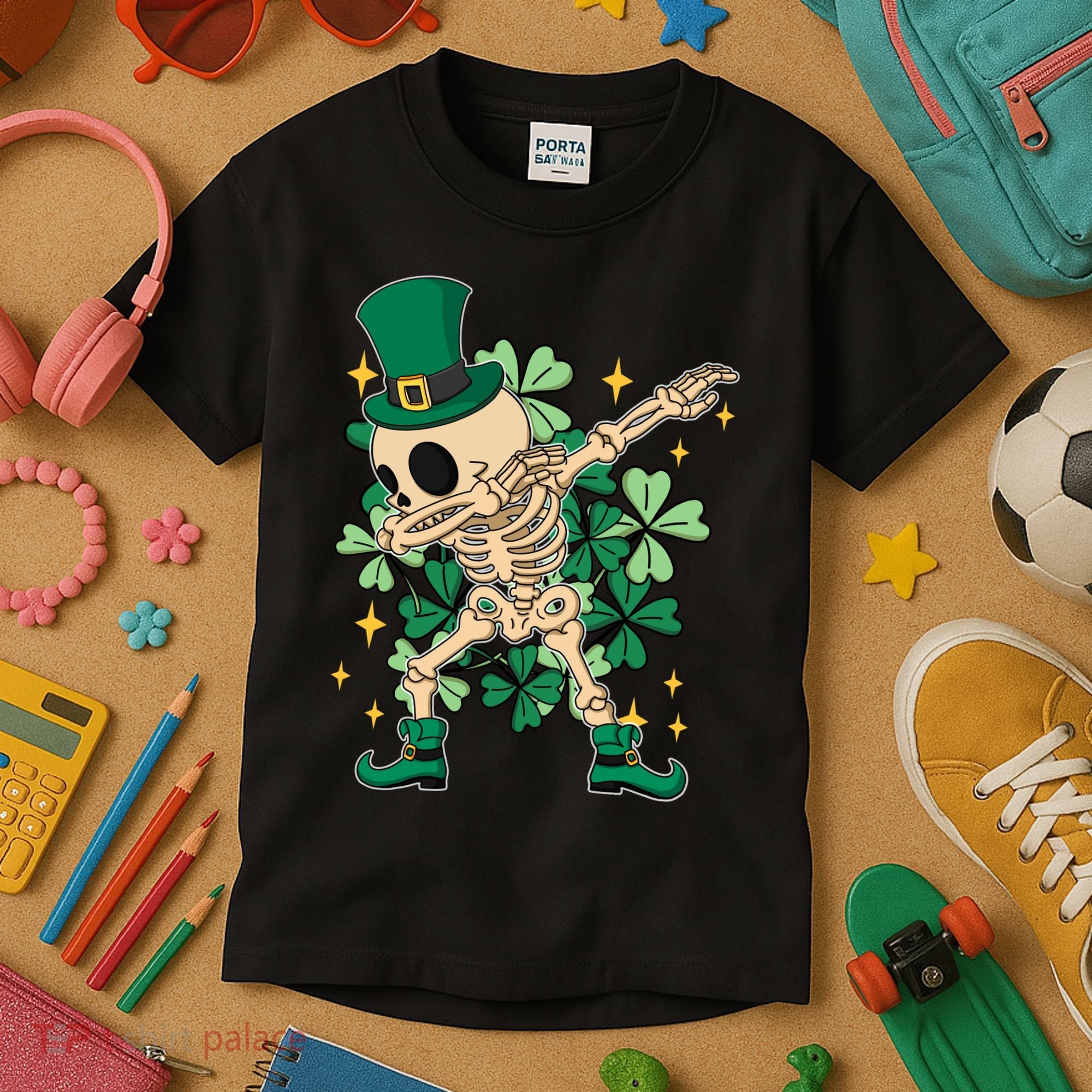 Dabbing Irish Skeleton Clover St Patricks Day Kids T-Shirt