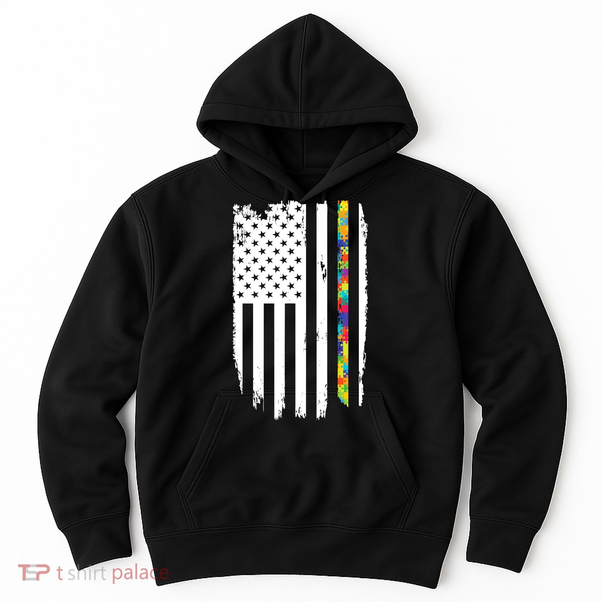 Distress Thin Puzzle Line Autism Awareness Tribute Flag Hoodie