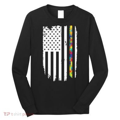 Distress Thin Puzzle Line Autism Awareness Tribute Flag Long Sleeve Shirt