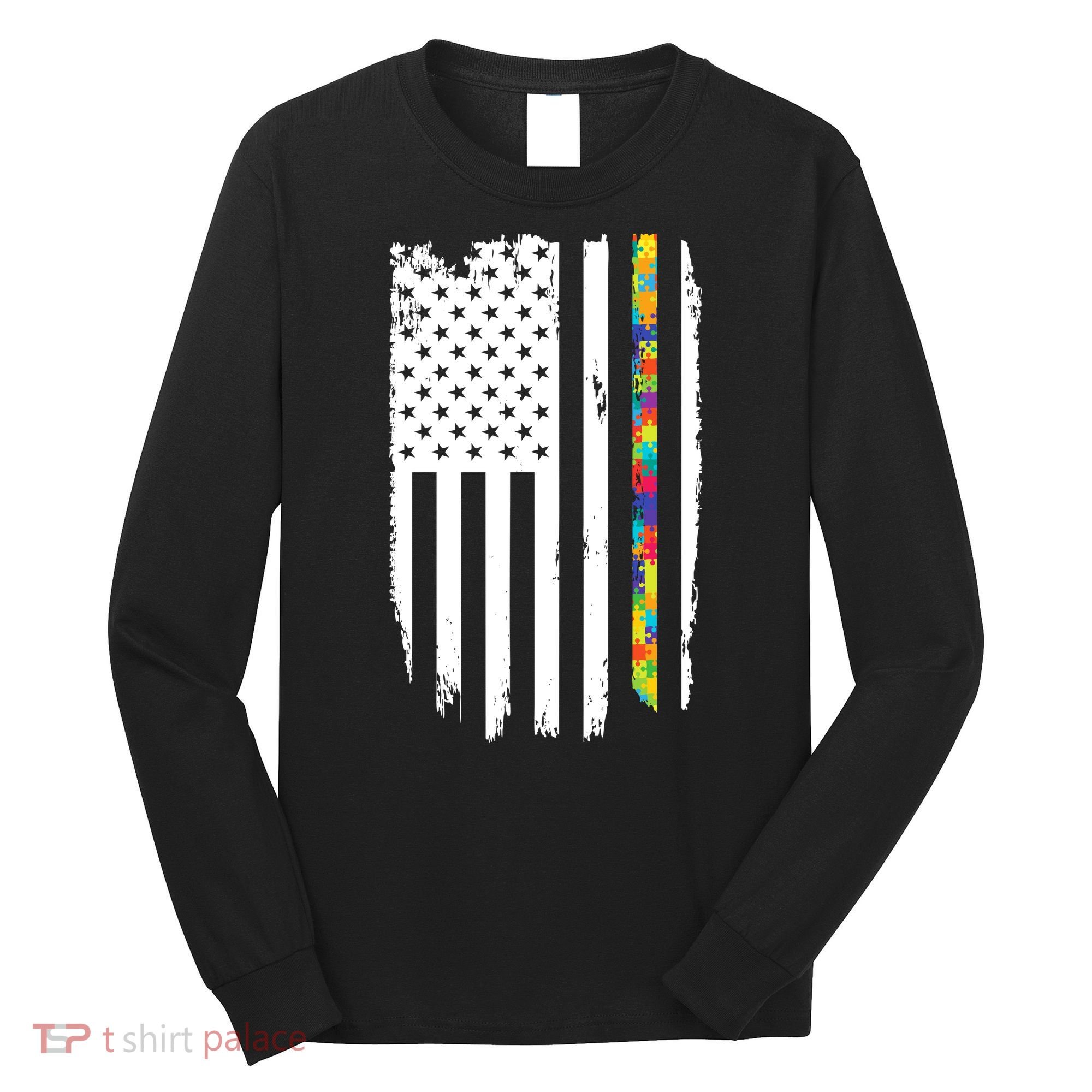 Distress Thin Puzzle Line Autism Awareness Tribute Flag Long Sleeve Shirt