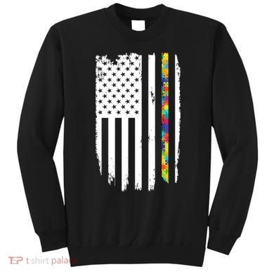 Distress Thin Puzzle Line Autism Awareness Tribute Flag Sweatshirt