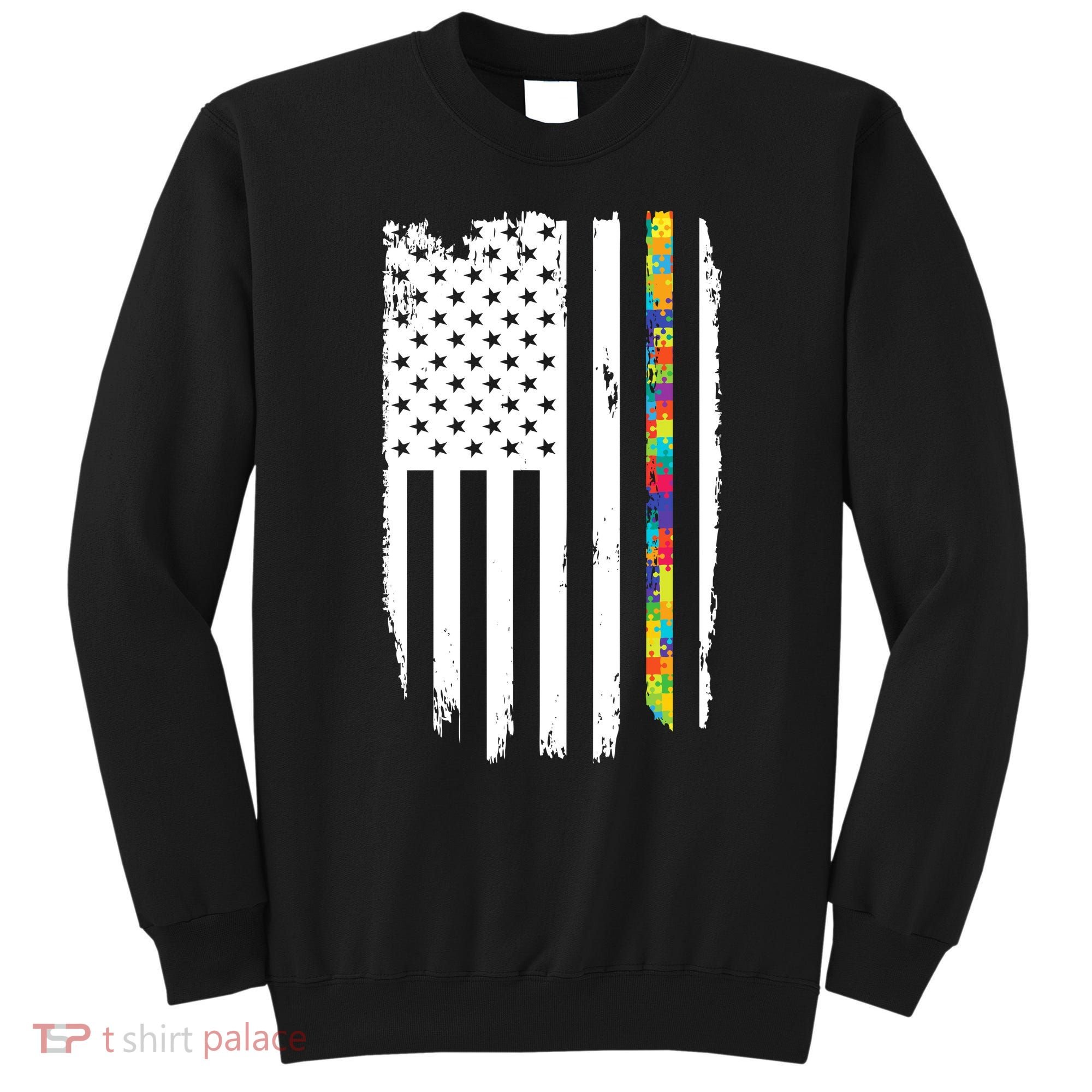 Distress Thin Puzzle Line Autism Awareness Tribute Flag Sweatshirt