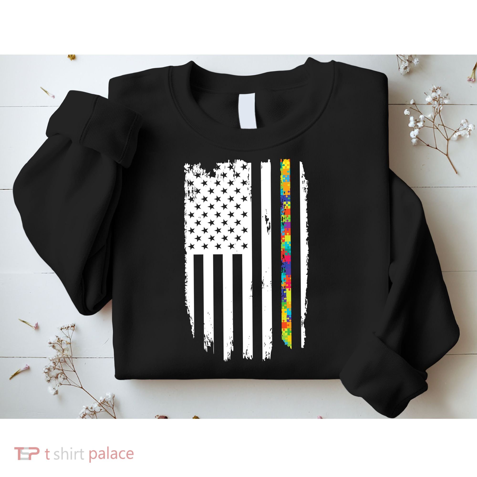 Distress Thin Puzzle Line Autism Awareness Tribute Flag Sweatshirt
