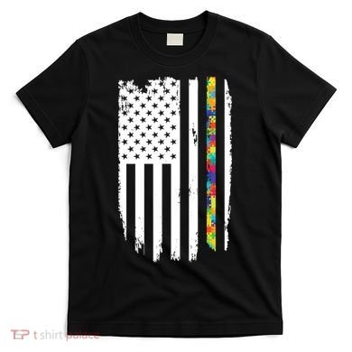 Distress Thin Puzzle Line Autism Awareness Tribute Flag T-Shirt