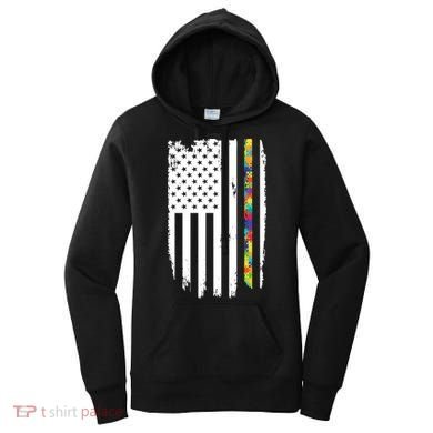 Distress Thin Puzzle Line Autism Awareness Tribute Flag Women's Hoodie