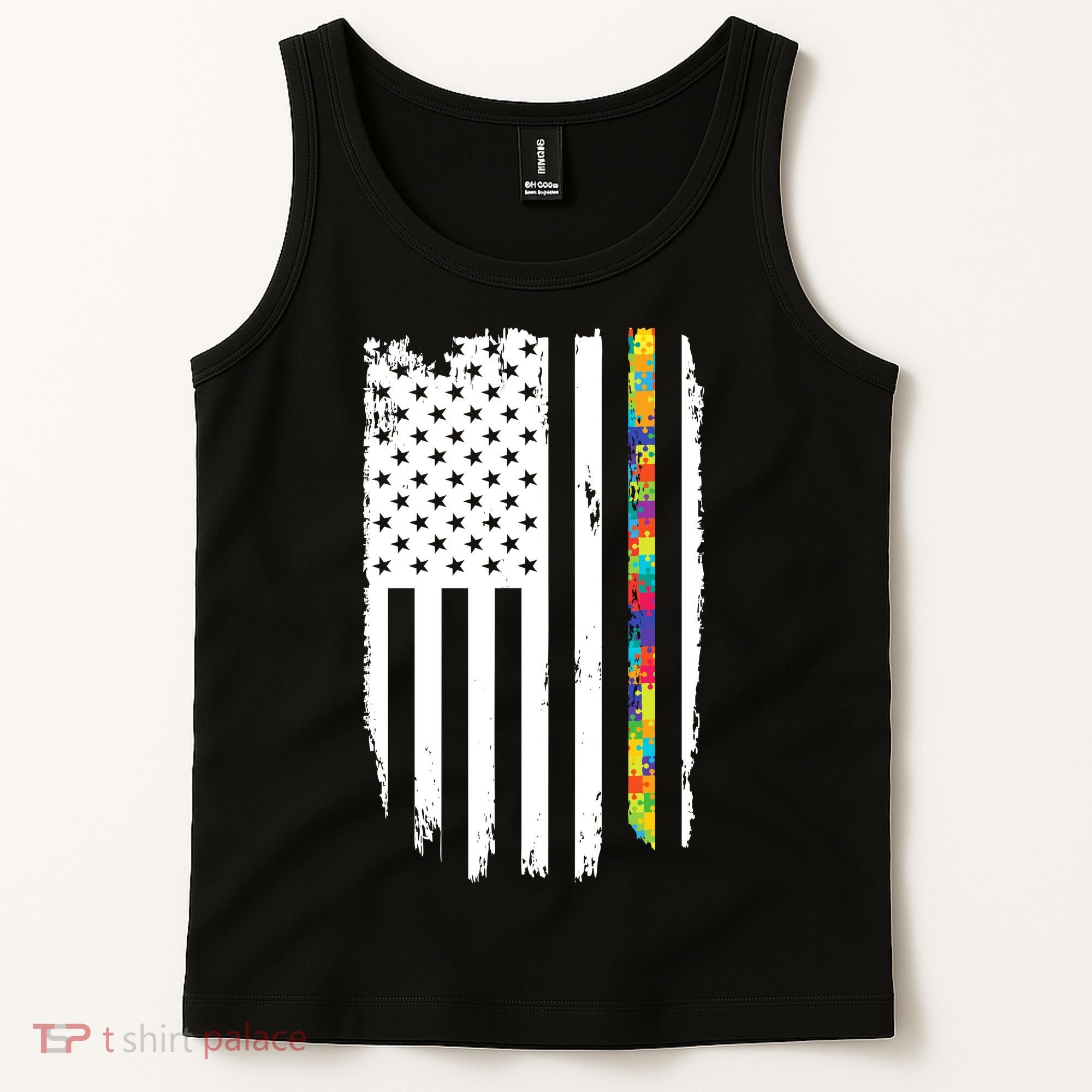 Distress Thin Puzzle Line Autism Awareness Tribute Flag Tank Top