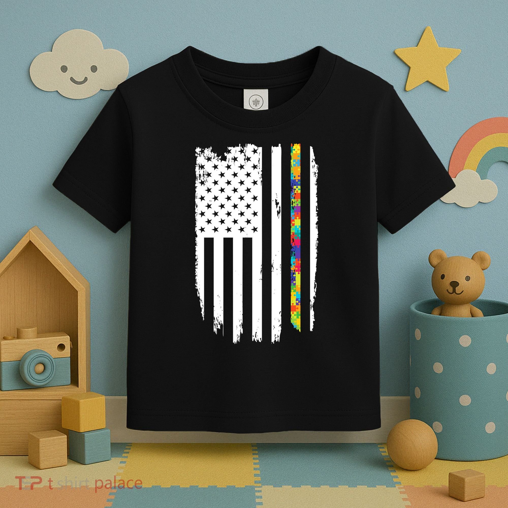Distress Thin Puzzle Line Autism Awareness Tribute Flag Toddler T-Shirt