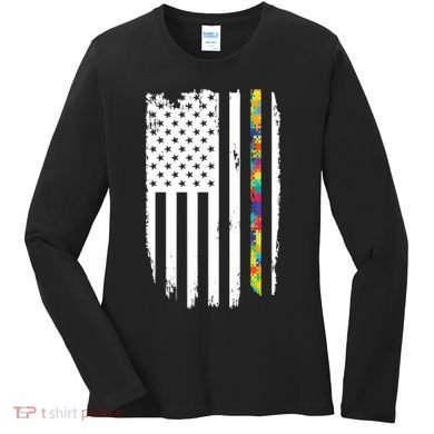 Distress Thin Puzzle Line Autism Awareness Tribute Flag Women's Long Sleeve Shirt