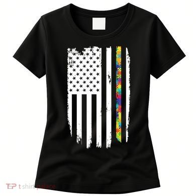 Distress Thin Puzzle Line Autism Awareness Tribute Flag Women's T-Shirt