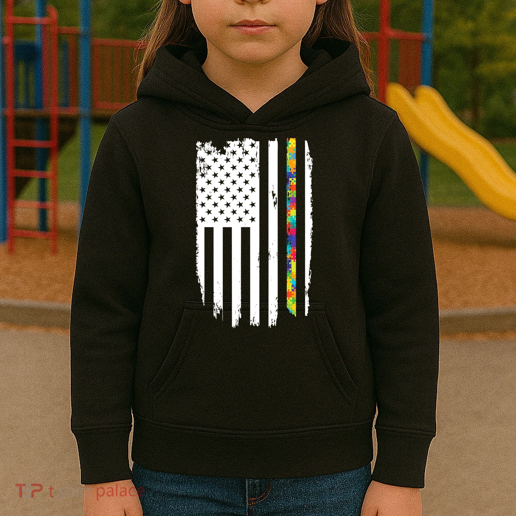 Distress Thin Puzzle Line Autism Awareness Tribute Flag Kids Hoodie