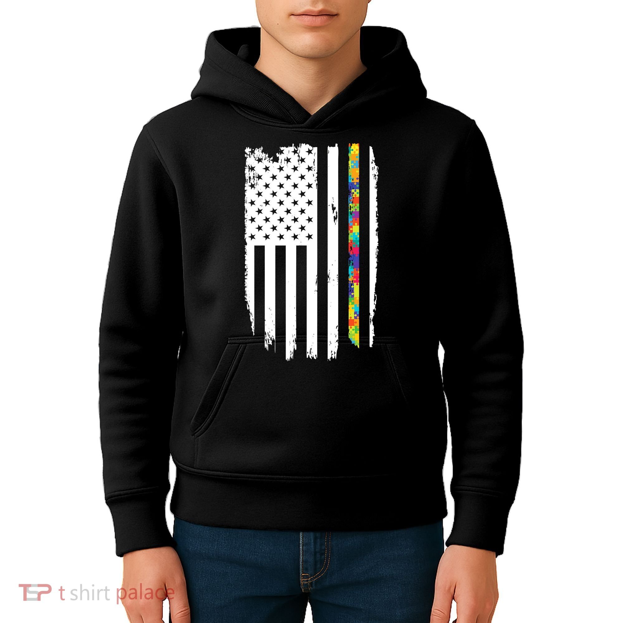 Distress Thin Puzzle Line Autism Awareness Tribute Flag Kids Hoodie