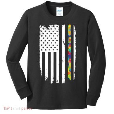 Distress Thin Puzzle Line Autism Awareness Tribute Flag Kids Long Sleeve Shirt