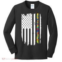 Distress Thin Puzzle Line Autism Awareness Tribute Flag Kids Long Sleeve Shirt thumb 0