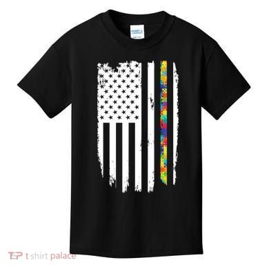 Distress Thin Puzzle Line Autism Awareness Tribute Flag Kids T-Shirt