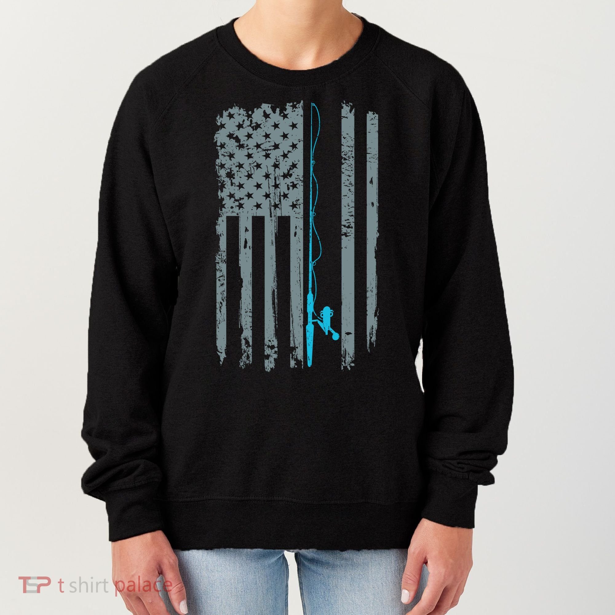 Distressed American Flag Fishing Pole Women's Sweatshirt