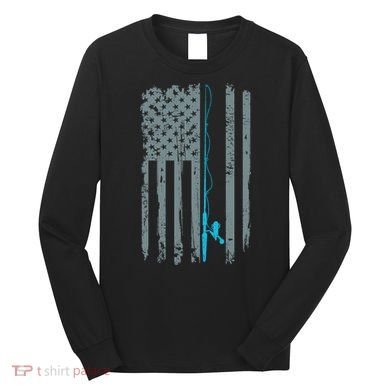 Distressed American Flag Fishing Pole Long Sleeve Shirt