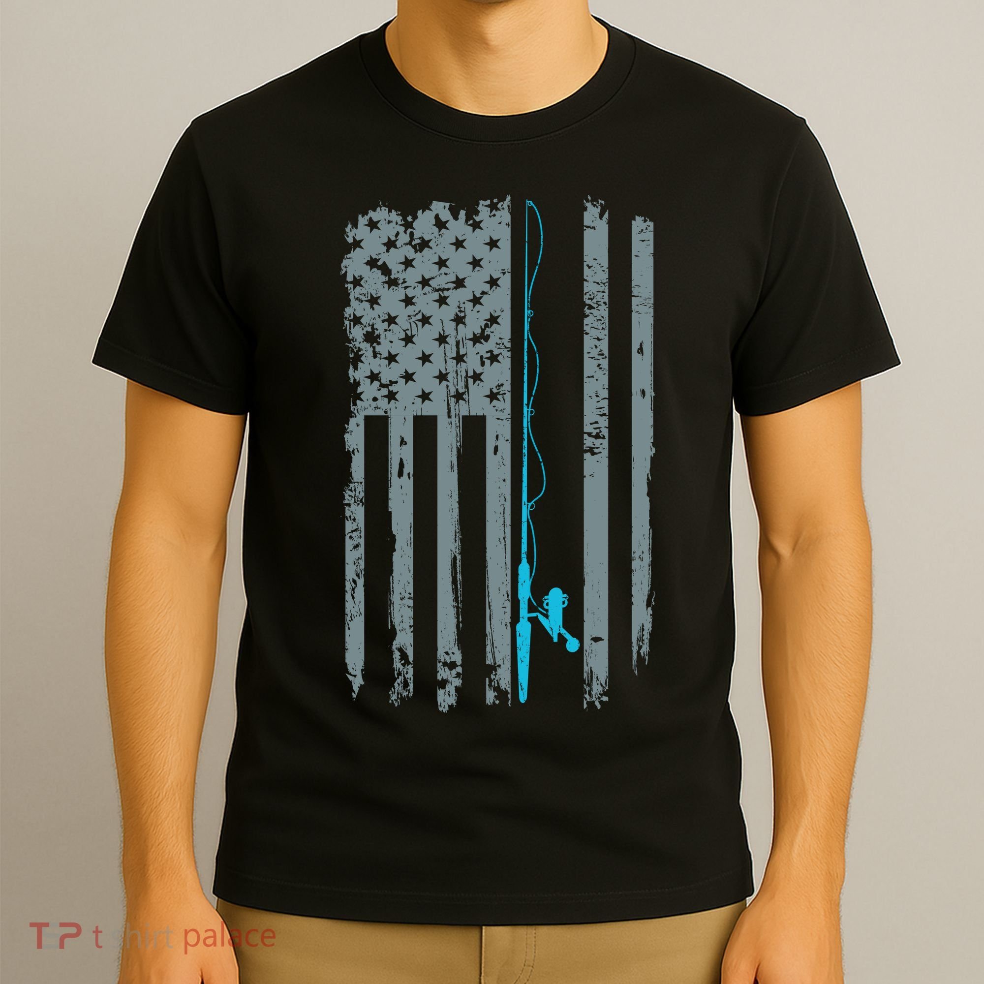 Distressed American Flag Fishing Pole T-Shirt