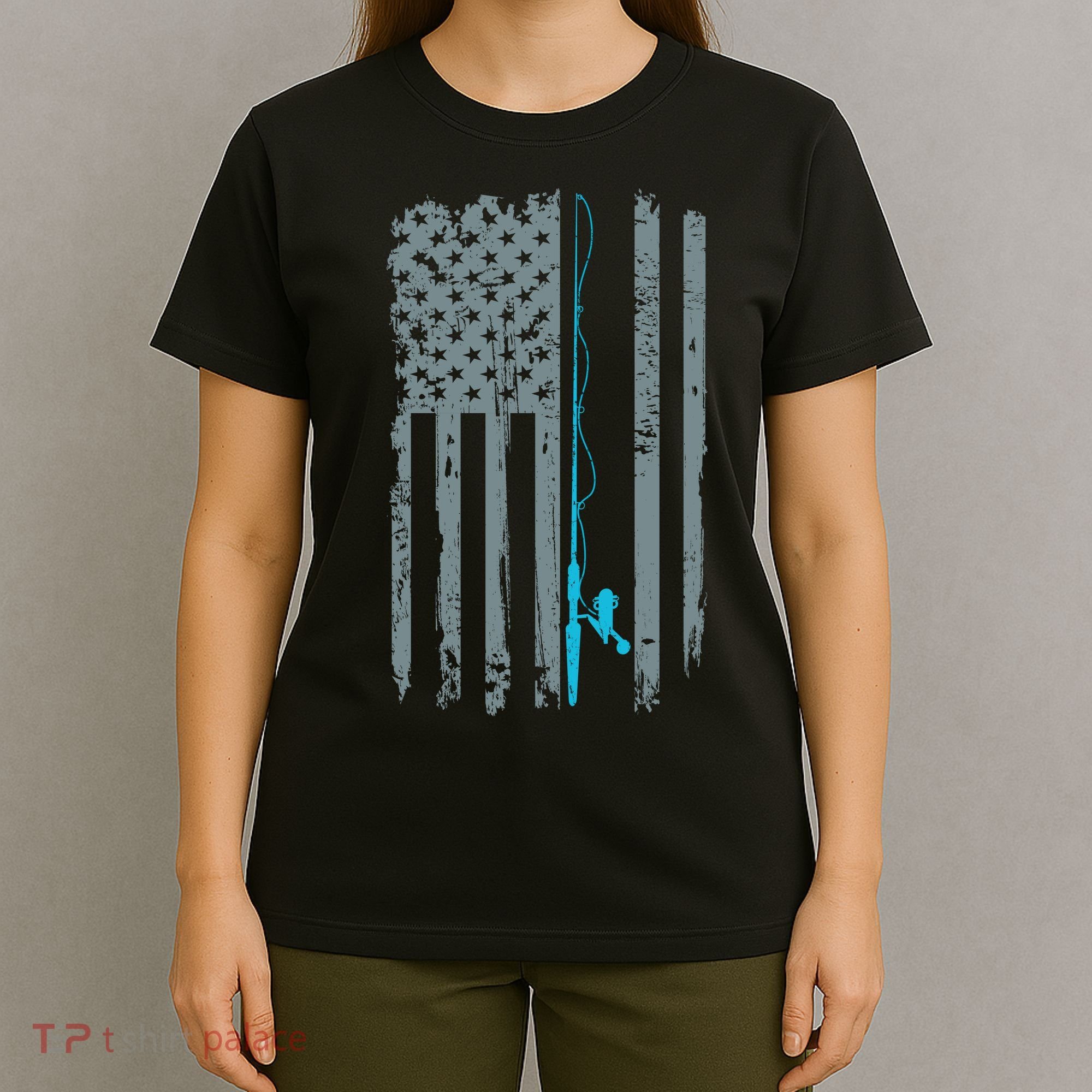 Distressed American Flag Fishing Pole T-Shirt