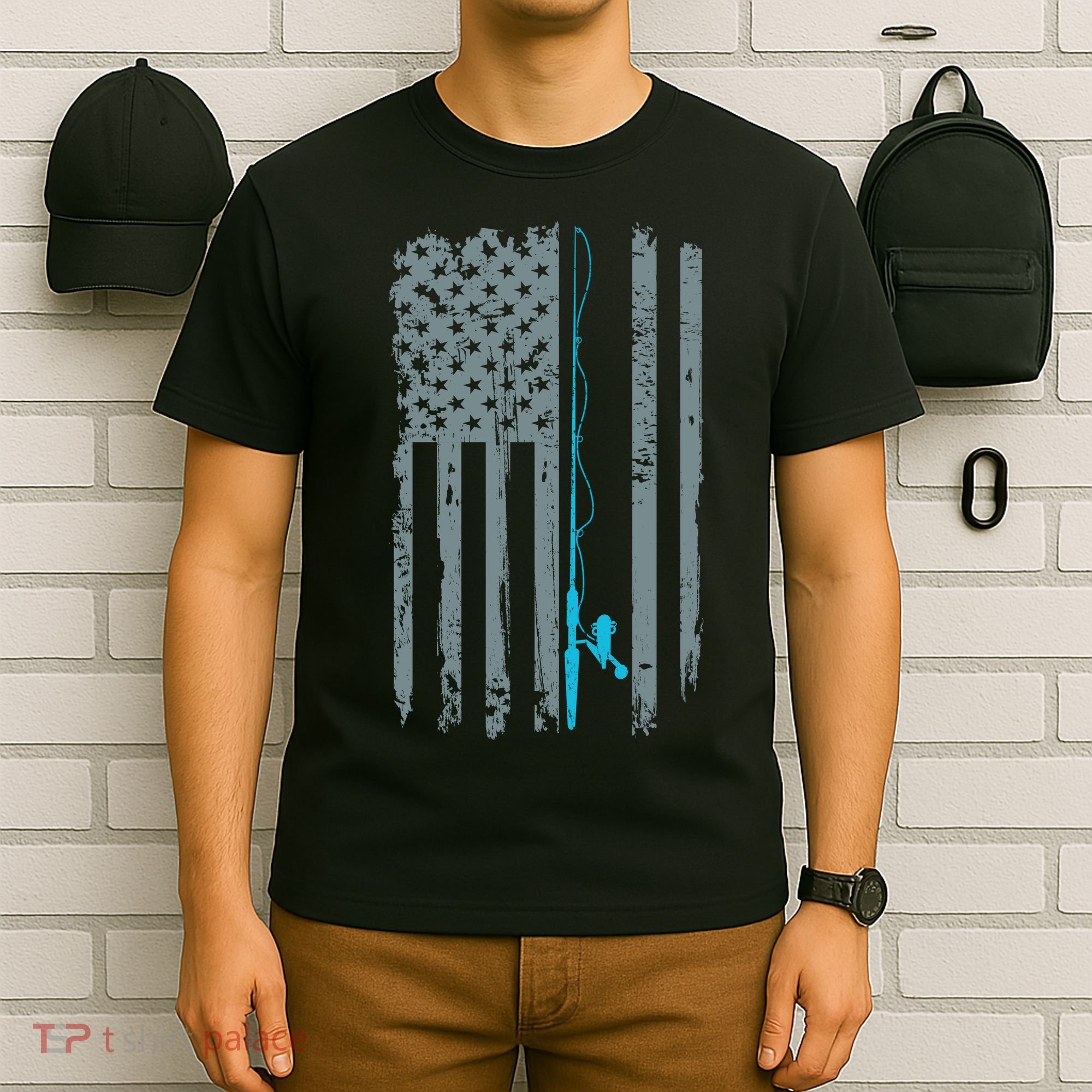 Distressed American Flag Fishing Pole T-Shirt