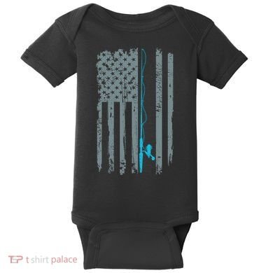 Distressed American Flag Fishing Pole Baby Bodysuit