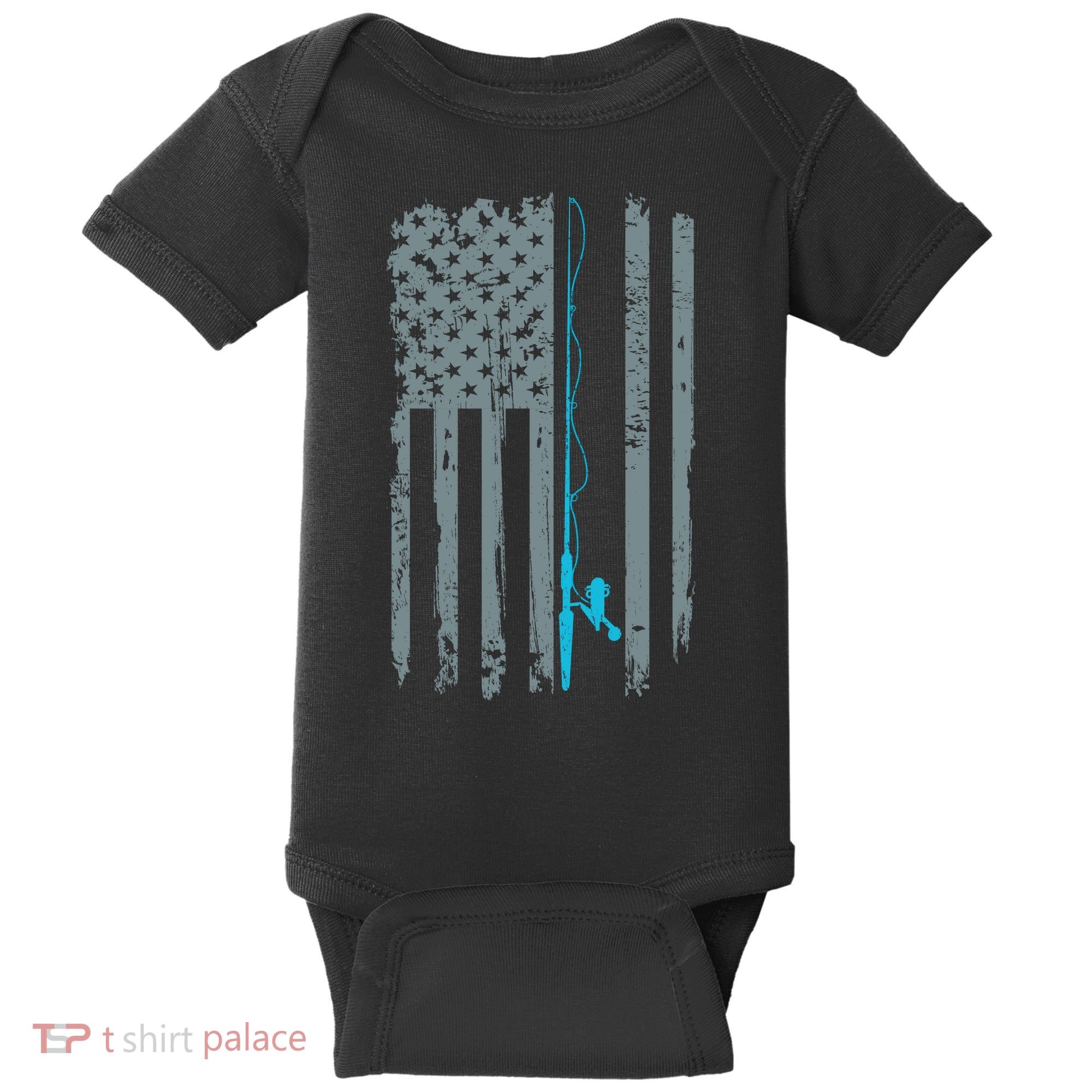 Distressed American Flag Fishing Pole Baby Bodysuit