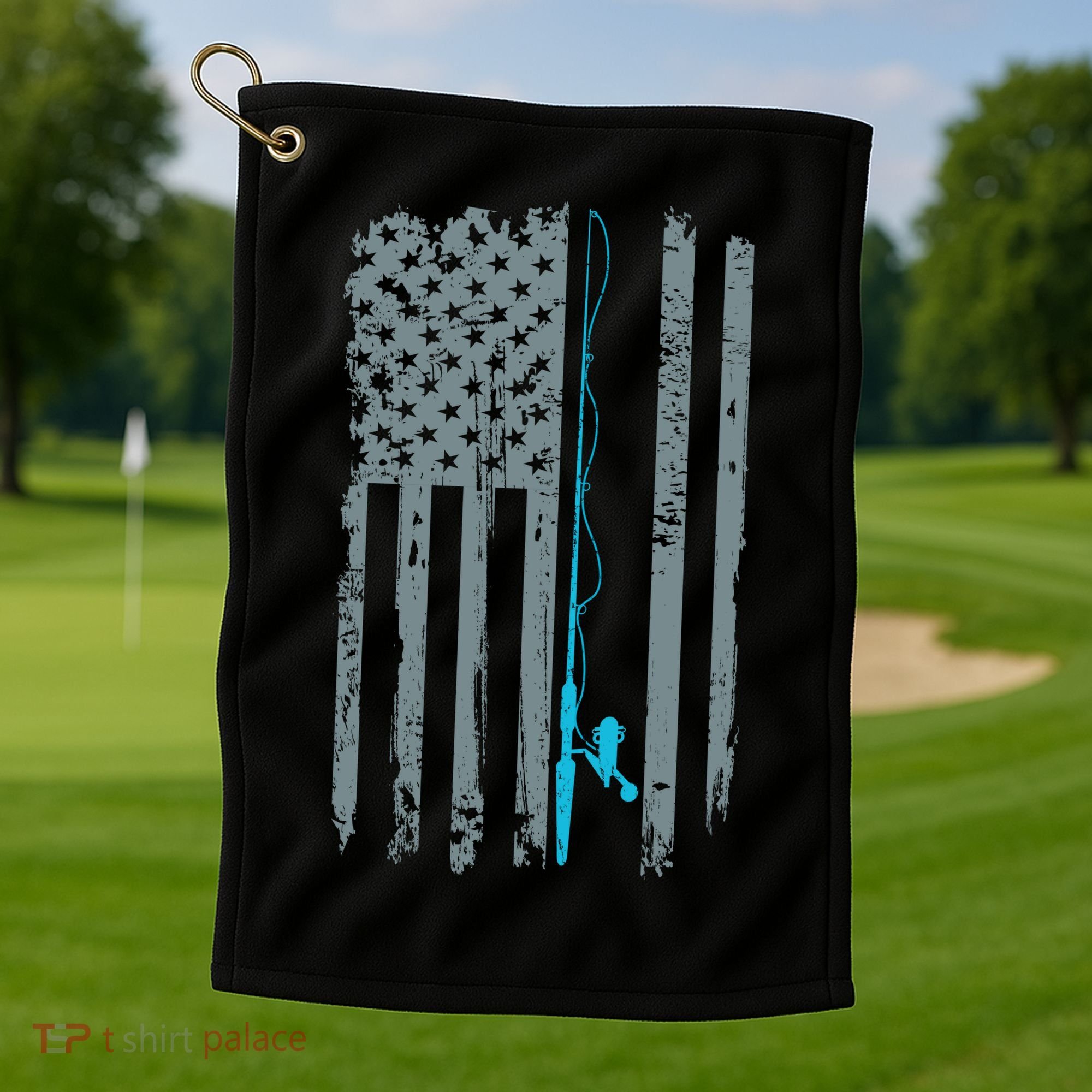 Distressed American Flag Fishing Pole Golf Towel