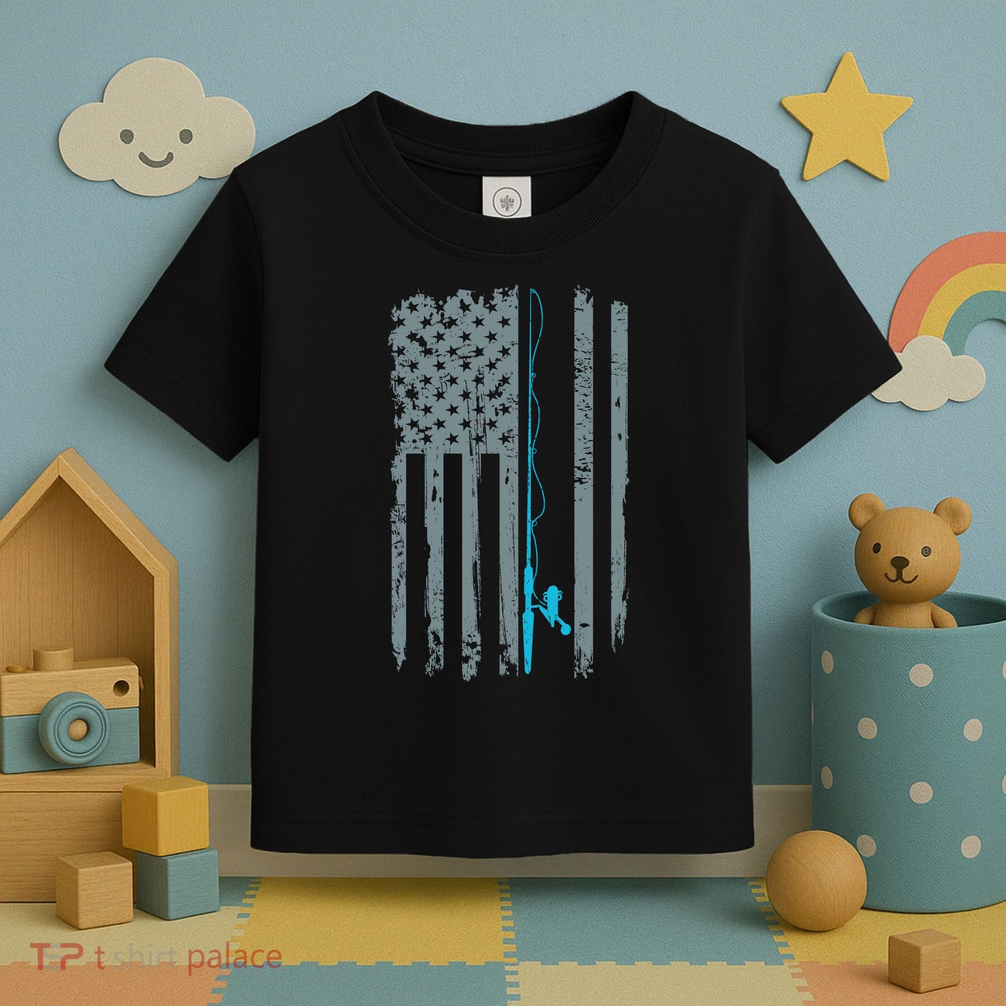 Distressed American Flag Fishing Pole Toddler T-Shirt