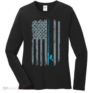 Distressed American Flag Fishing Pole Women's Long Sleeve Shirt