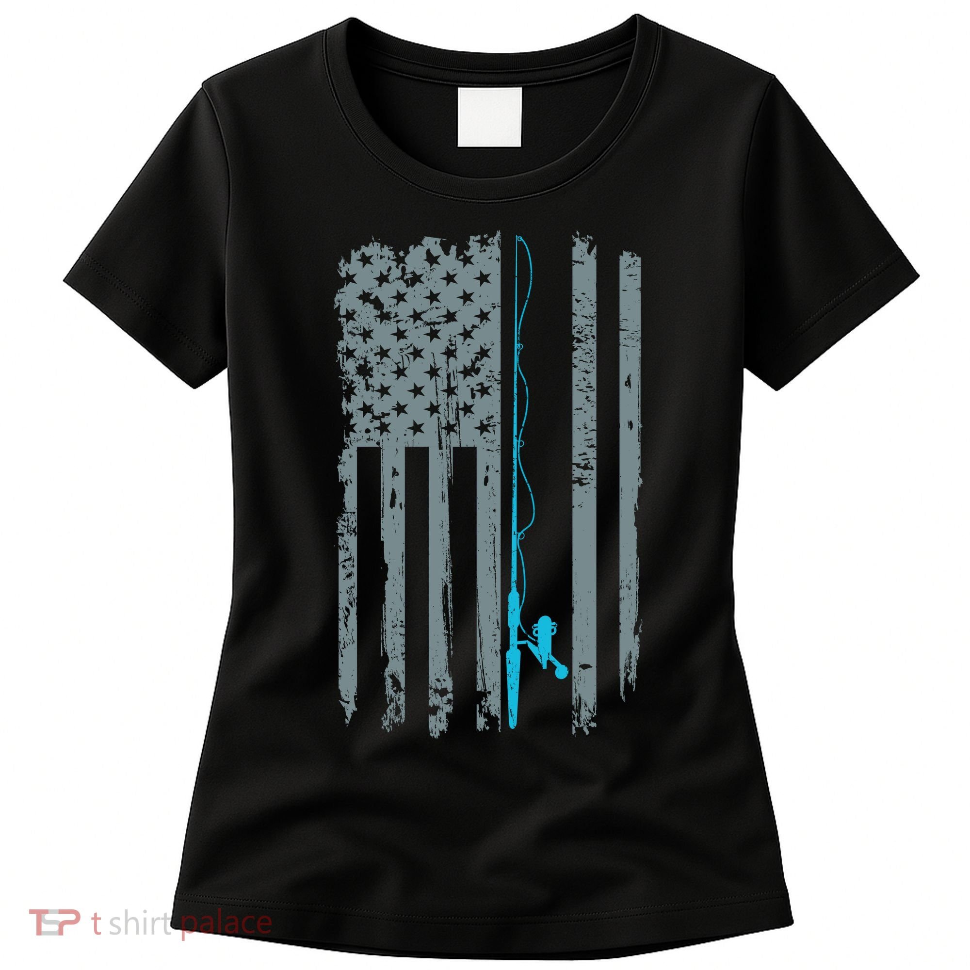 Distressed American Flag Fishing Pole Women's T-Shirt