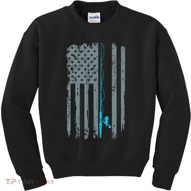 Distressed American Flag Fishing Pole Kids Sweatshirt