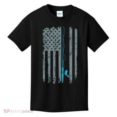 Distressed American Flag Fishing Pole Kids T-Shirt