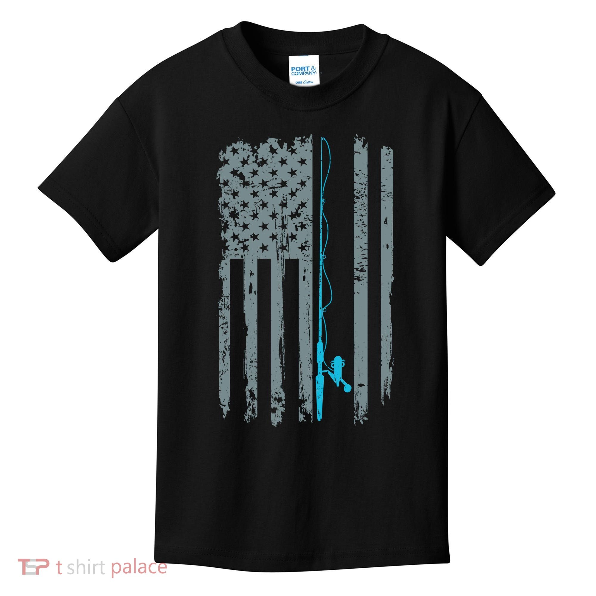 Distressed American Flag Fishing Pole Kids T-Shirt