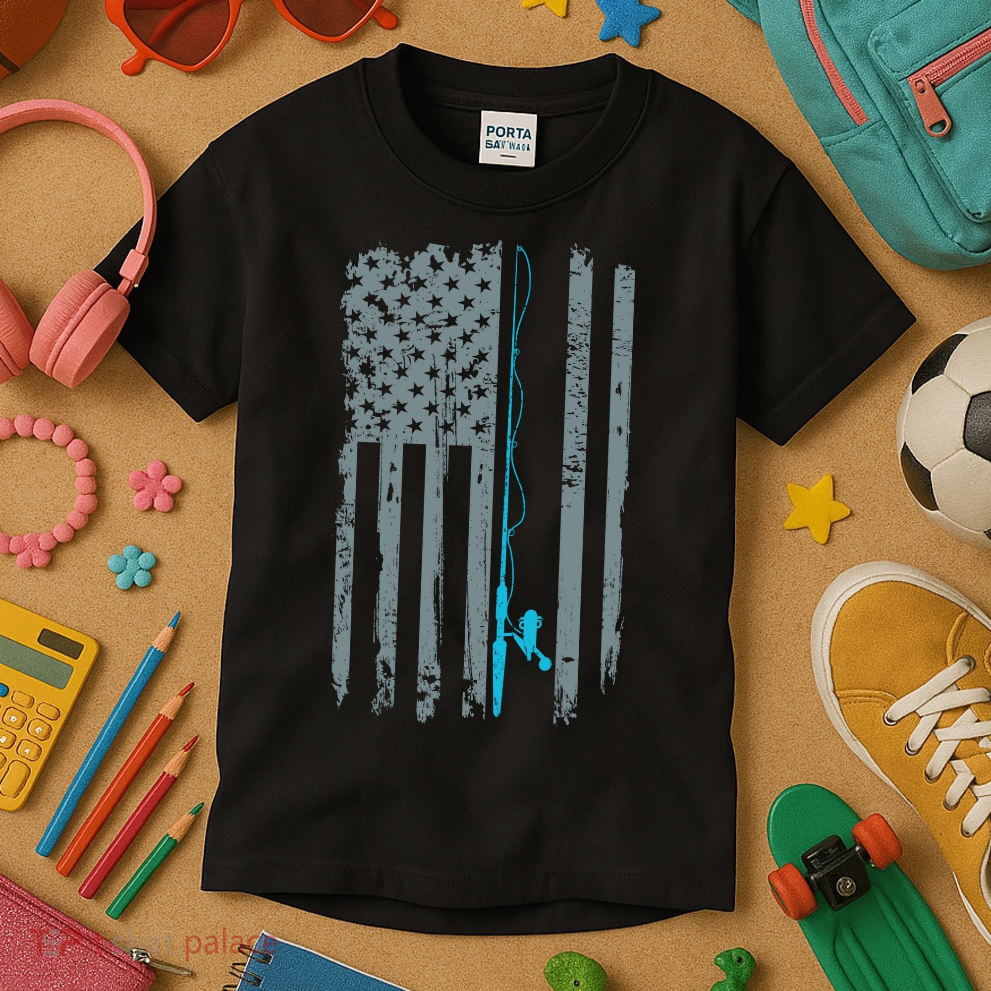 Distressed American Flag Fishing Pole Kids T-Shirt