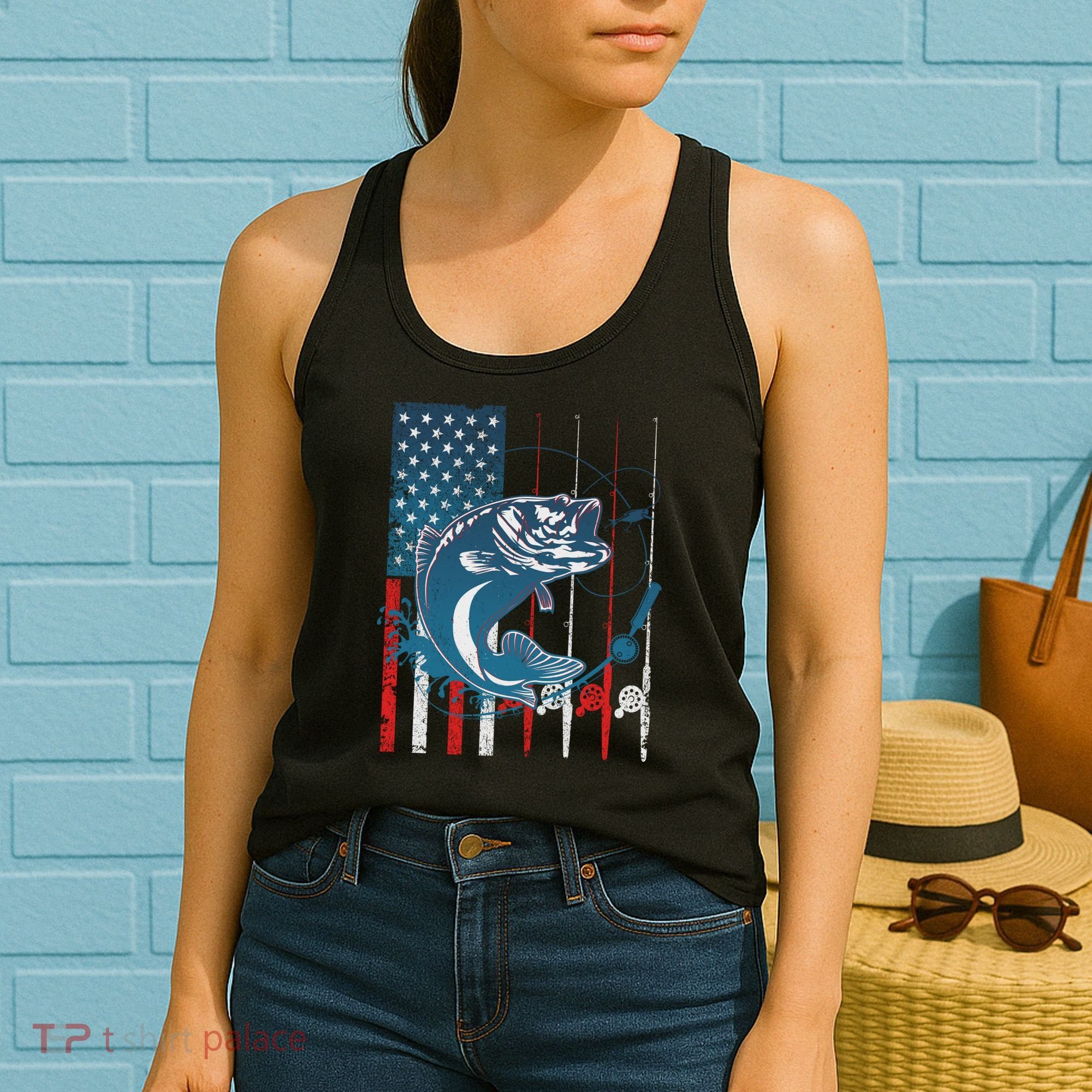 Distressed American USA Flag Bass Fishing Women's Tank Top