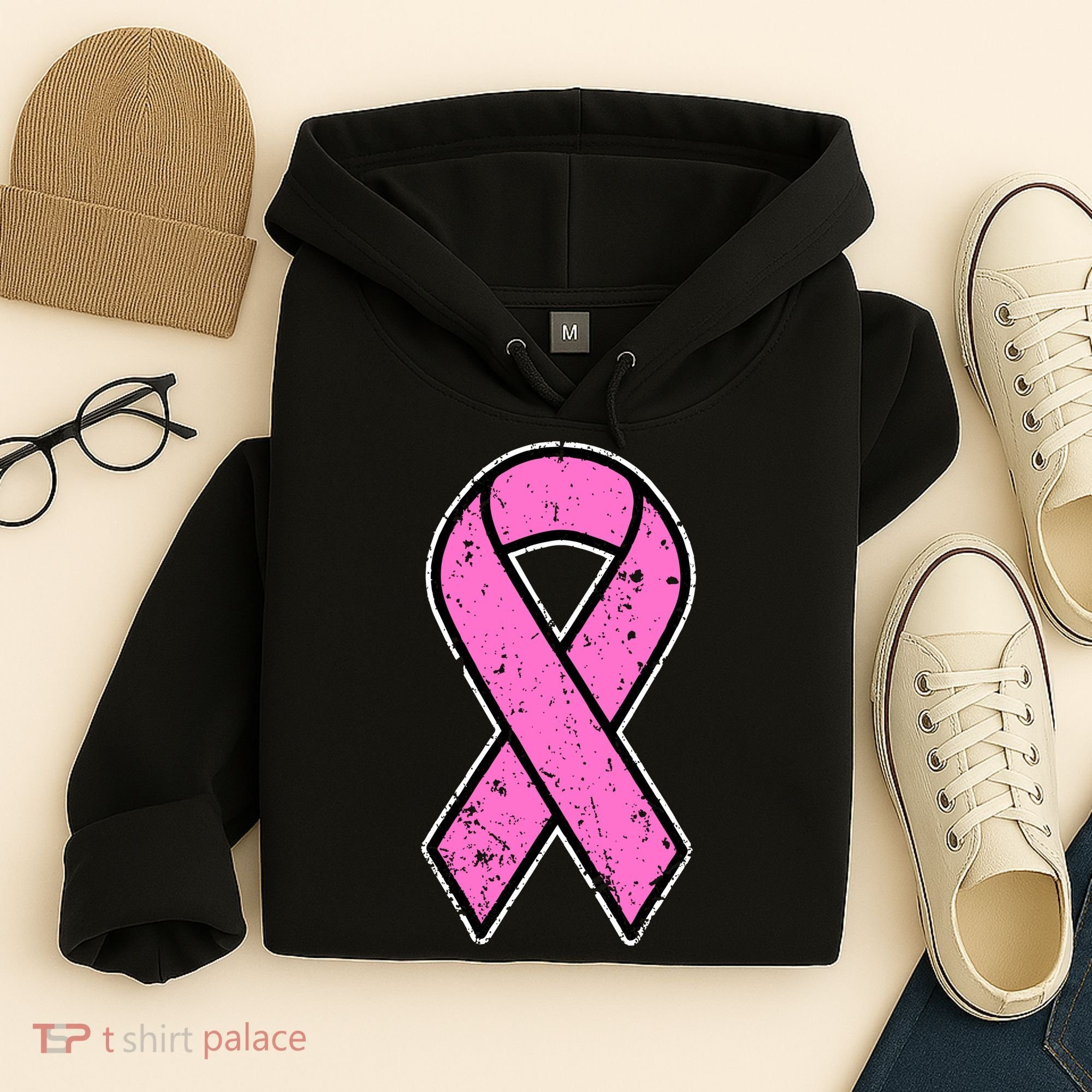 Distressed Breast Cancer Awareness Pink Ribbon Hoodie